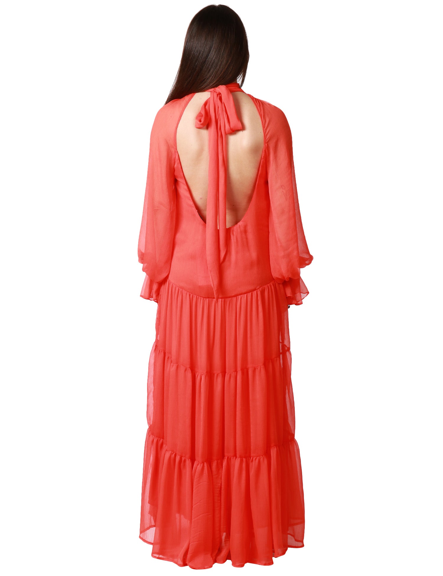 ABITO LUNGO WEILI ZHENG CORALLO IN CHIFFON CON MAXI MANICHE A SBUFFO E SCOLLO SULLA SCHIENA
