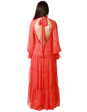ABITO LUNGO WEILI ZHENG CORALLO IN CHIFFON CON MAXI MANICHE A SBUFFO E SCOLLO SULLA SCHIENA
