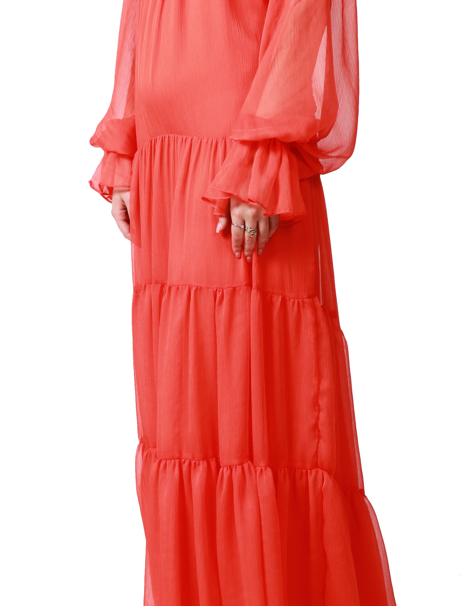 ABITO LUNGO WEILI ZHENG CORALLO IN CHIFFON CON MAXI MANICHE A SBUFFO E SCOLLO SULLA SCHIENA
