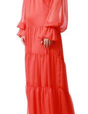 ABITO LUNGO WEILI ZHENG CORALLO IN CHIFFON CON MAXI MANICHE A SBUFFO E SCOLLO SULLA SCHIENA