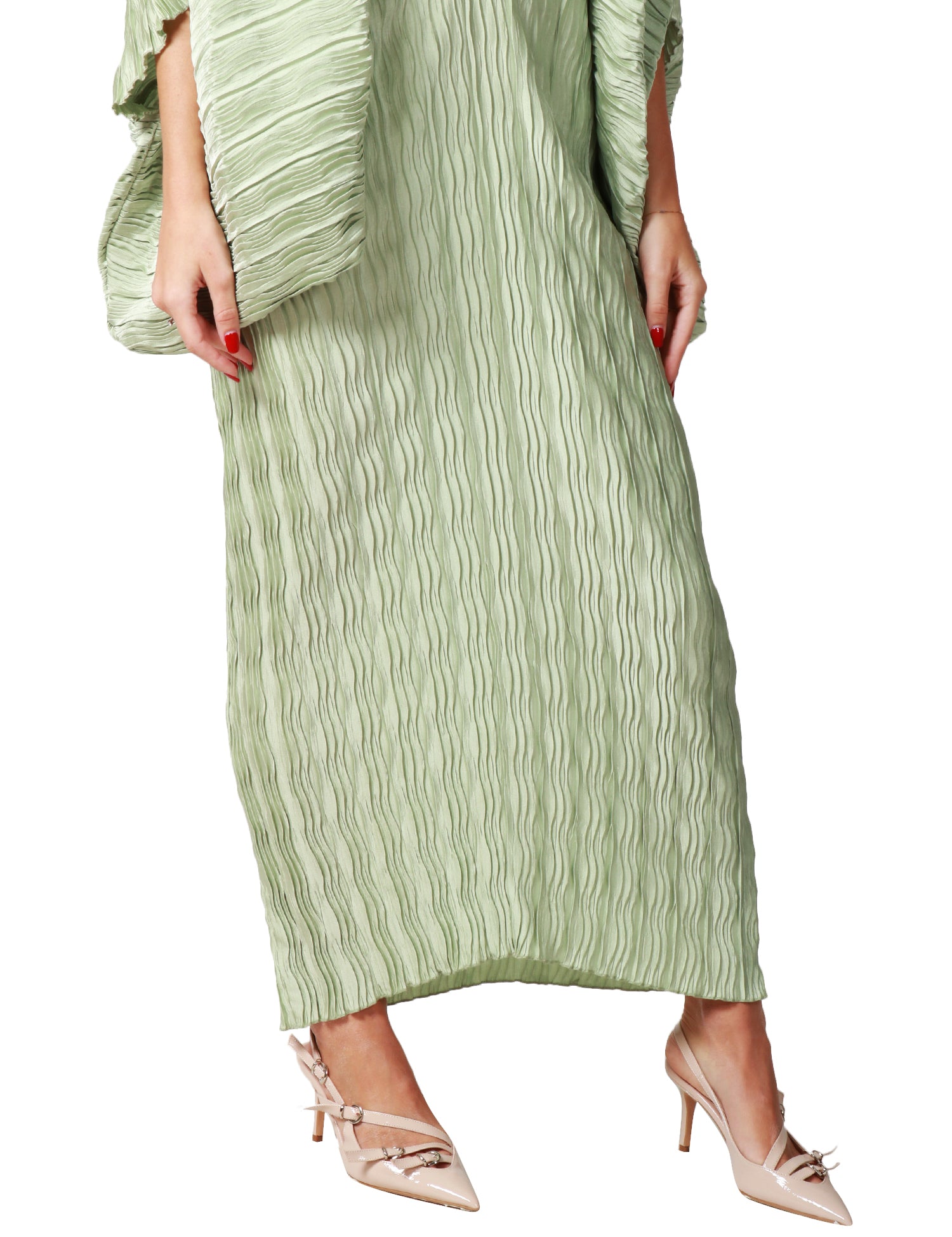 ABITO MIDI DONNA WEILI ZHENG VERDE PLISSETTATO CON MANICA LUNGA AMPIA