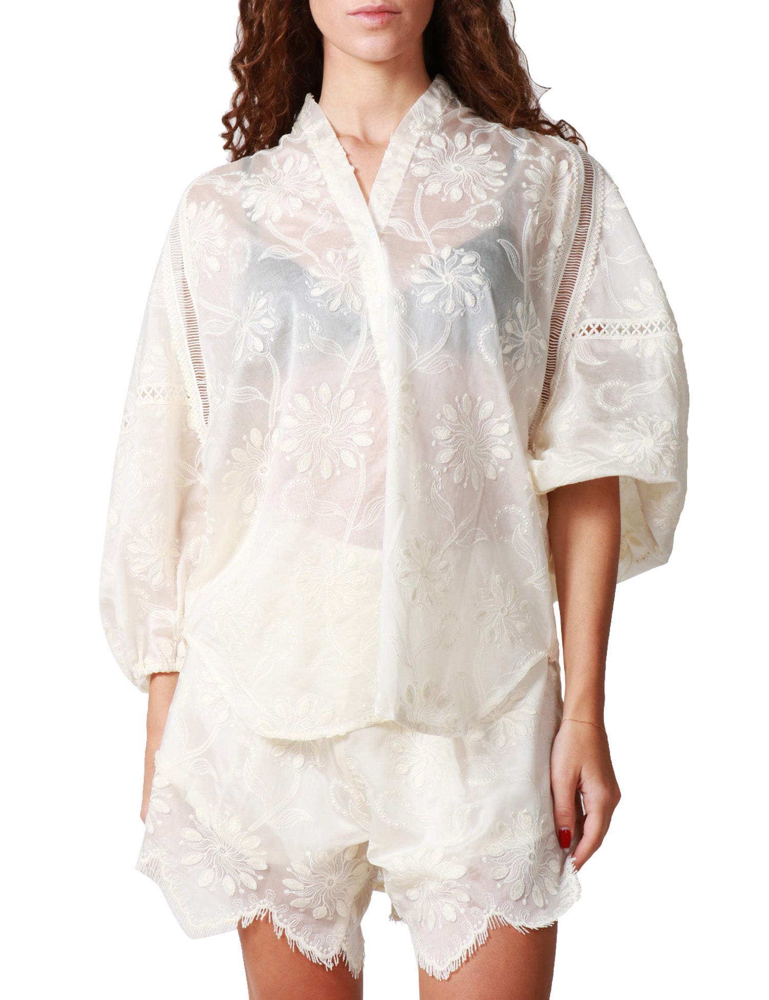 SHORTS DONNA WEILI ZHENG BIANCO RICAMATO IN MUSSOLA CON ORLO SFRANGIATO