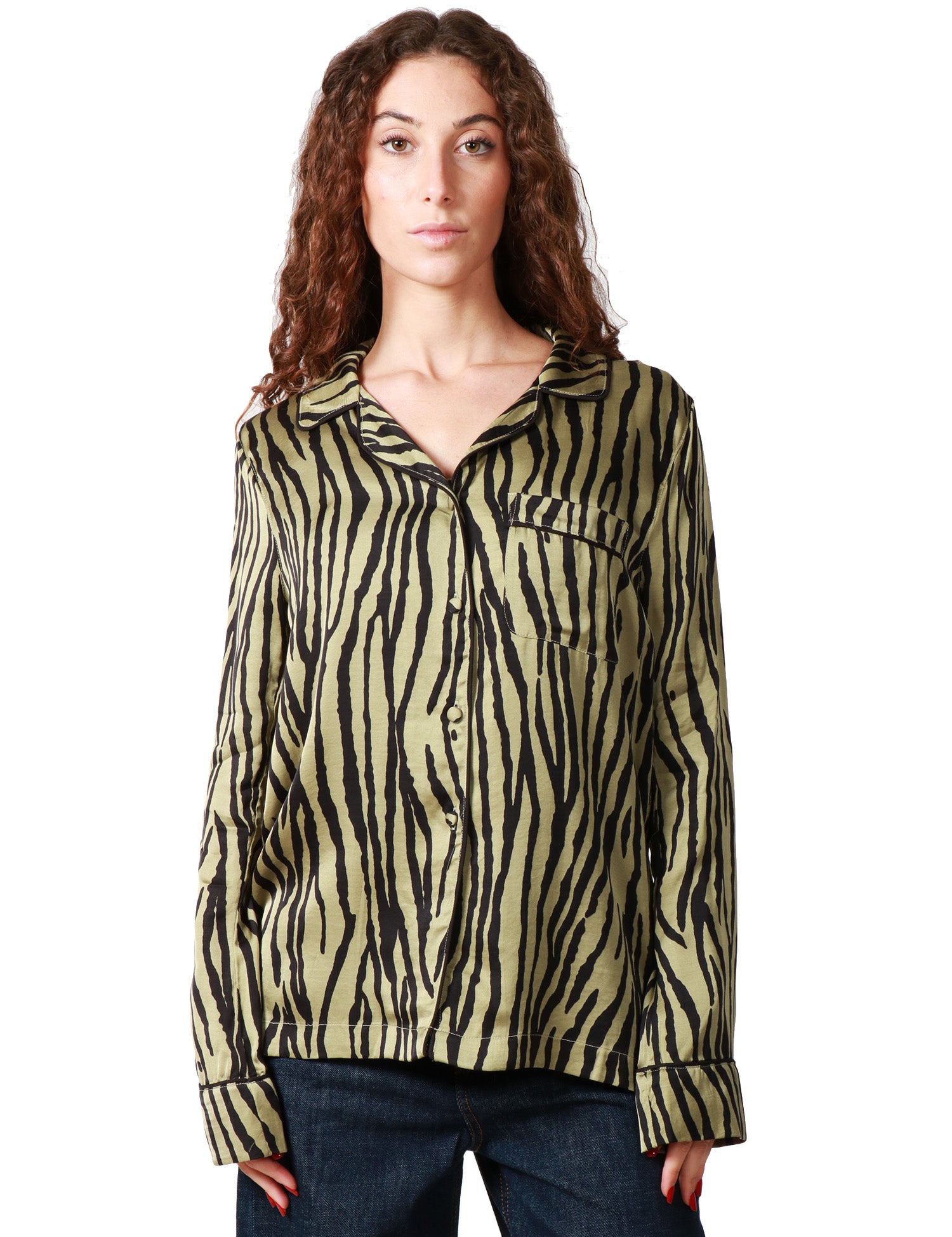CAMICIA PIGIAMA DONNA WEILI ZHENG GREEN FANTASIA ANIMALIER CON TASCHINO