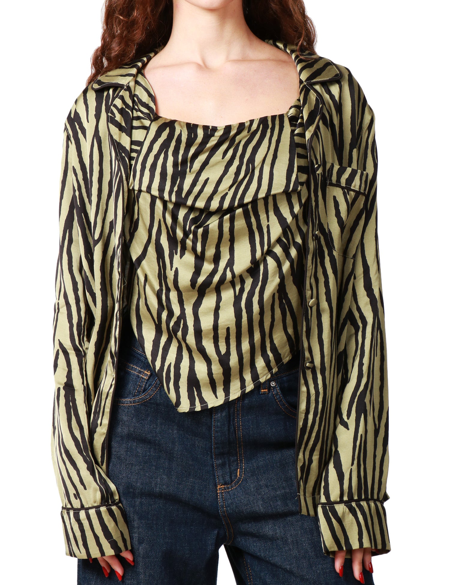 CAMICIA PIGIAMA DONNA WEILI ZHENG GREEN FANTASIA ANIMALIER CON TASCHINO