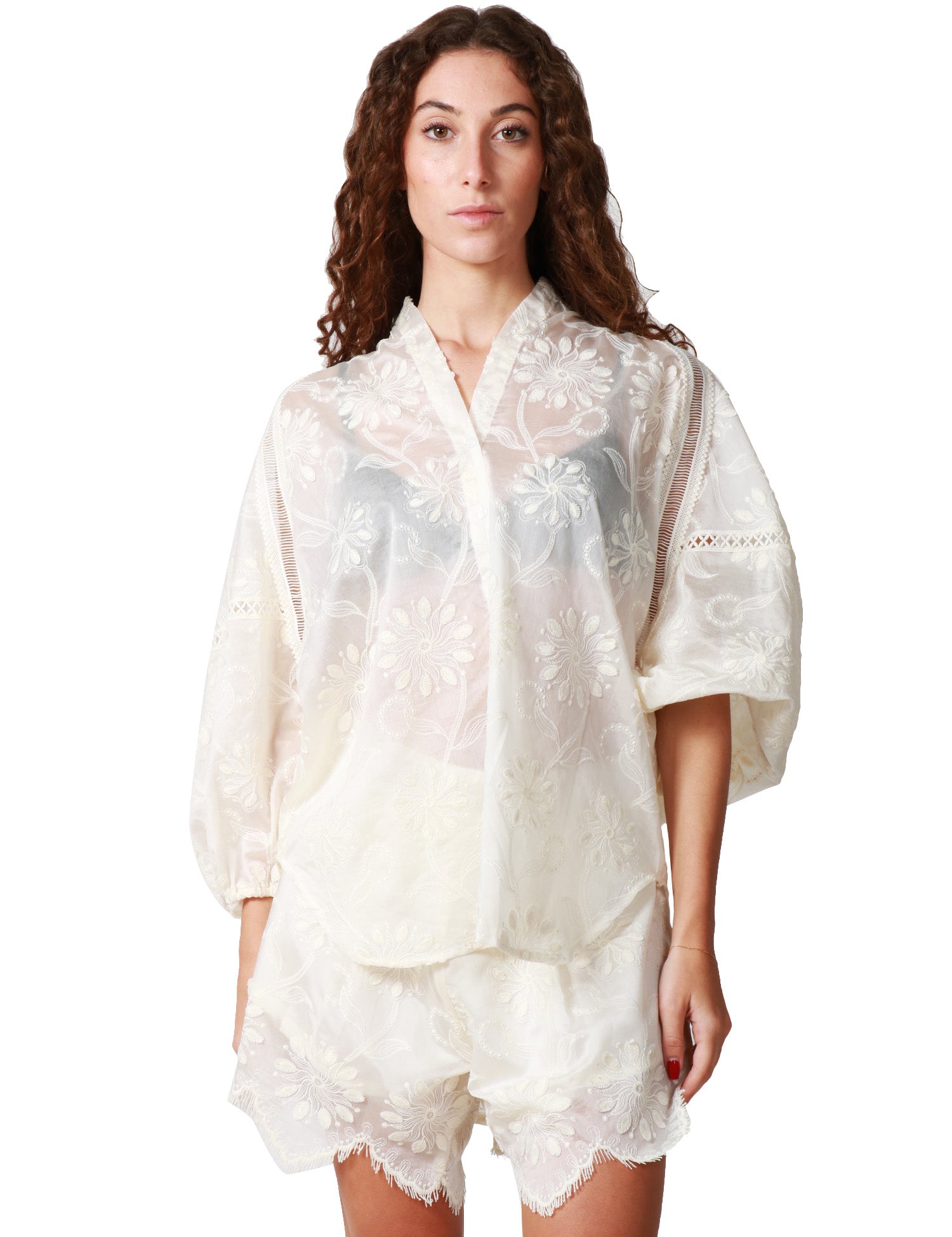 BLUSA DONNA WEILI ZHENG BIANCA IN PIZZO CON TRAMA A FIORI E MANICA A PALLONCINO