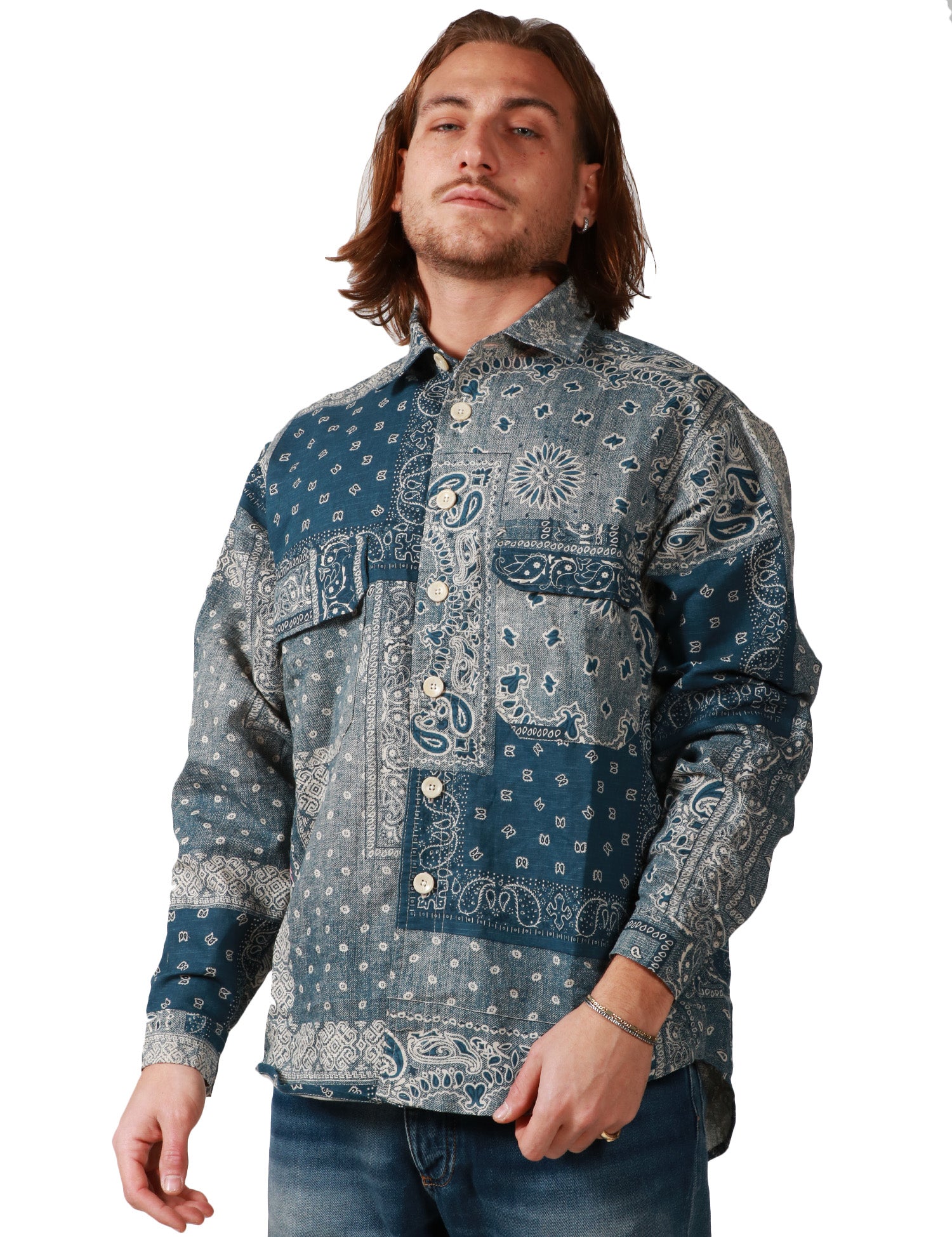 CAMICIA UOMO WHITE SAND DENIM STAMPA BANDANA CON TASCHE SUL PETTO