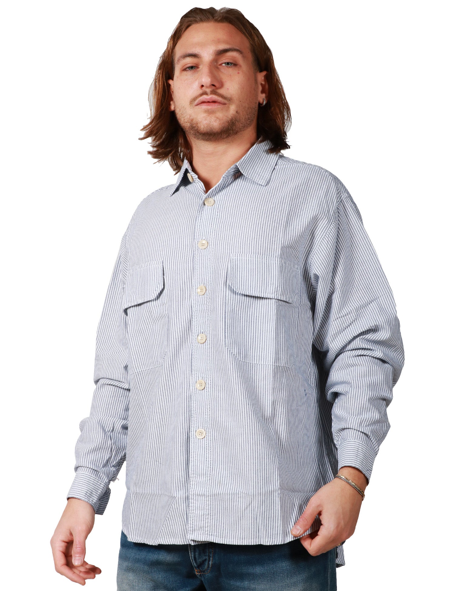CAMICIA UOMO WHITE SAND BIANCO/BLU A RIGHE CON TASCHE SUL PETTO