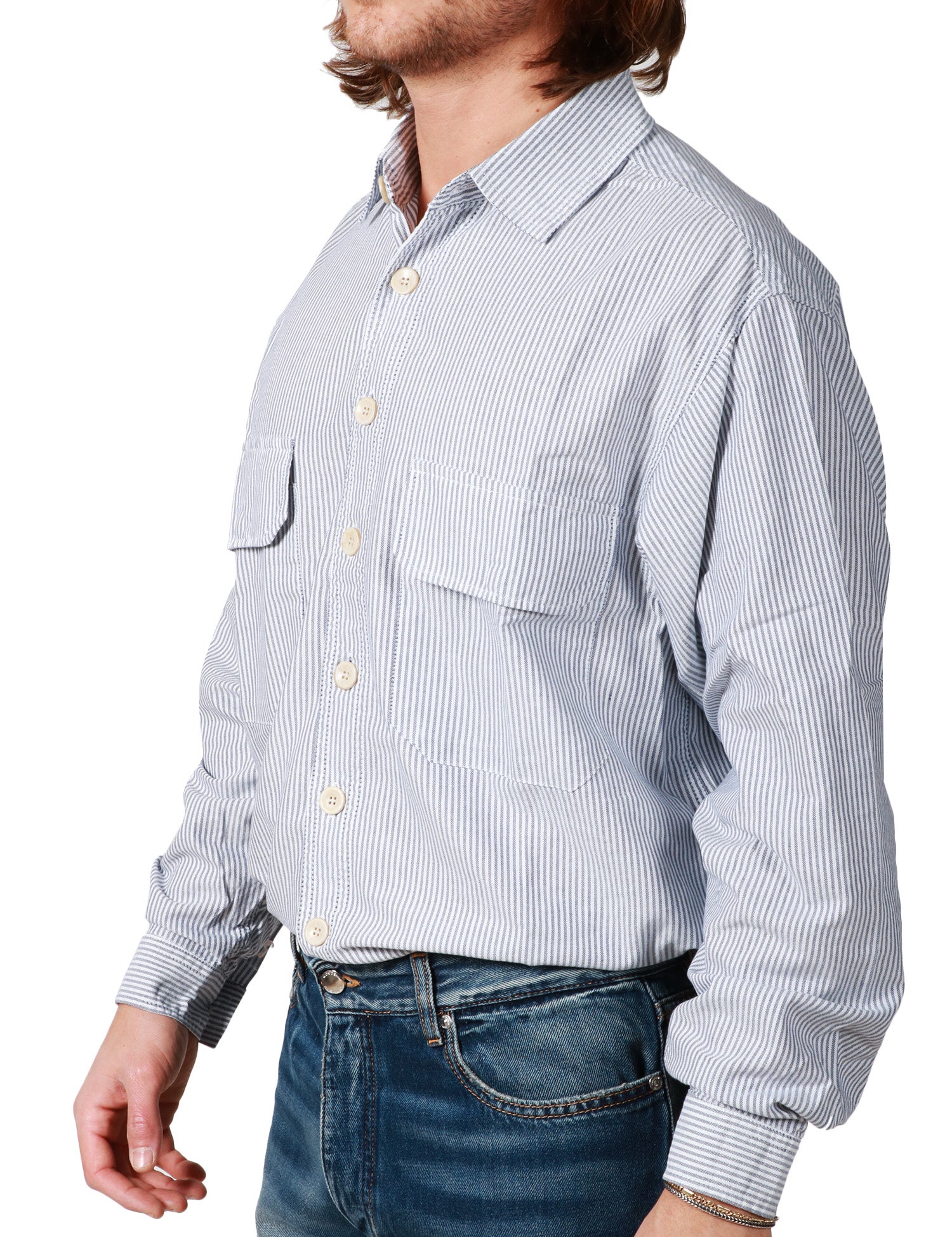 CAMICIA UOMO WHITE SAND BIANCO/BLU A RIGHE CON TASCHE SUL PETTO