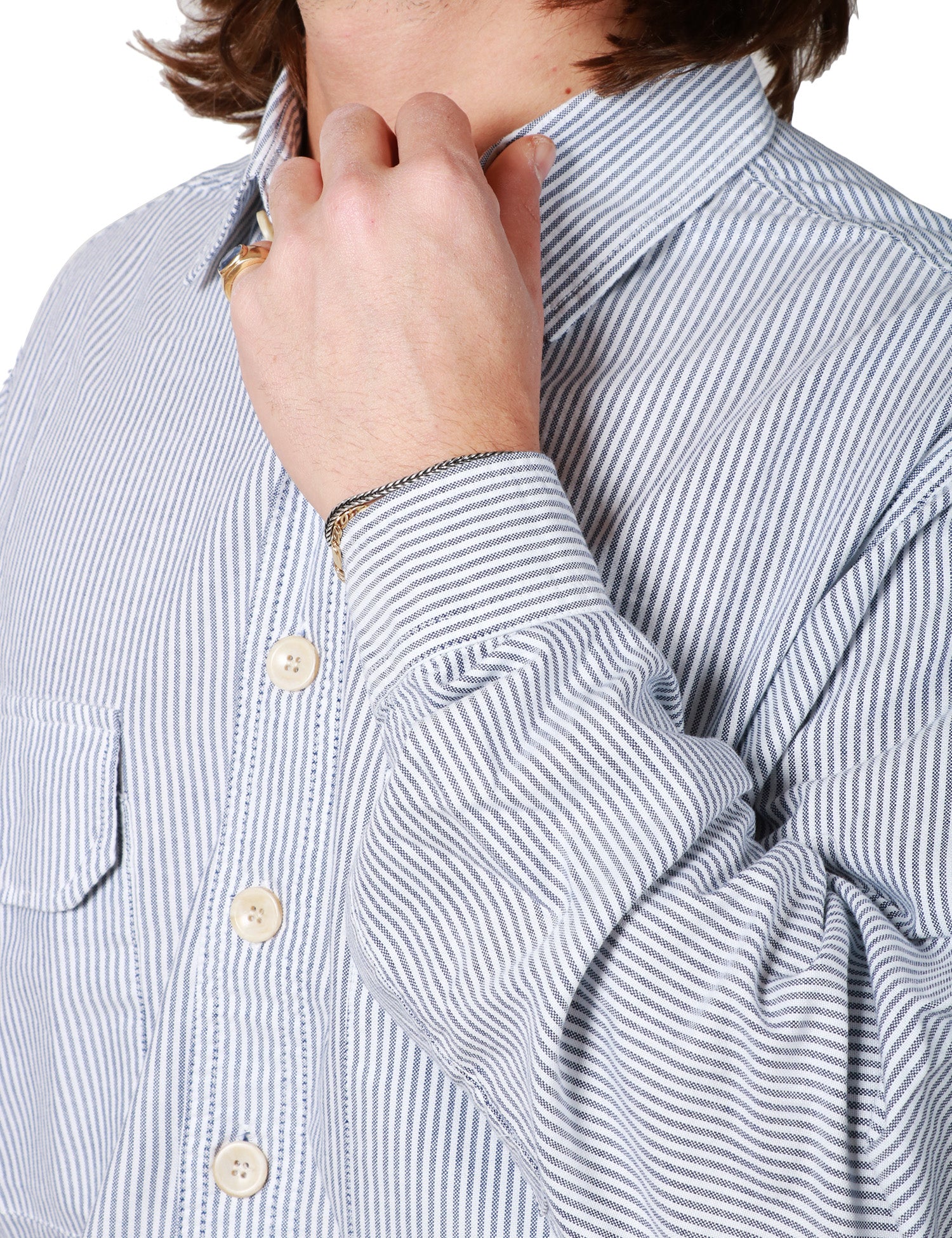 CAMICIA UOMO WHITE SAND BIANCO/BLU A RIGHE CON TASCHE SUL PETTO