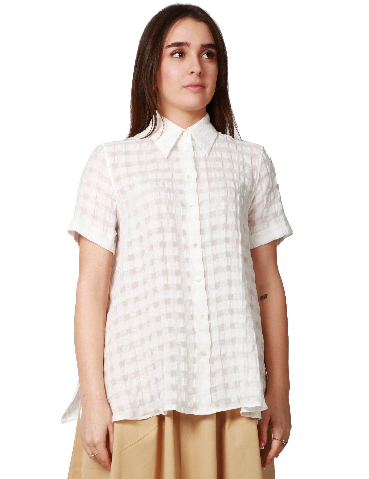 CAMICIA DONNA XACUS ANGYE BIANCA A MEZZA MANICA IN MISTO COTONE CON TRAMA A QUADRI