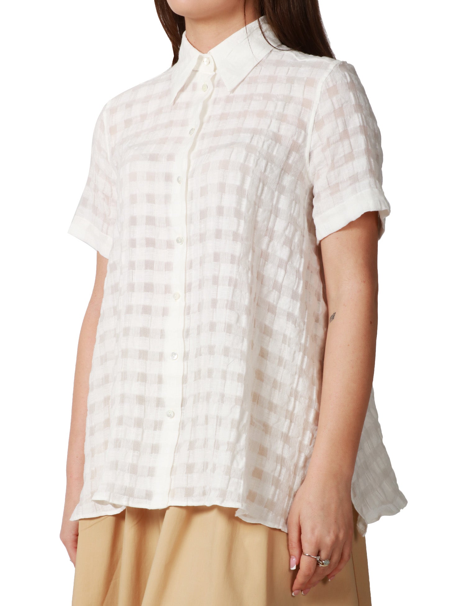 CAMICIA DONNA XACUS ANGYE BIANCA A MEZZA MANICA IN MISTO COTONE CON TRAMA A QUADRI