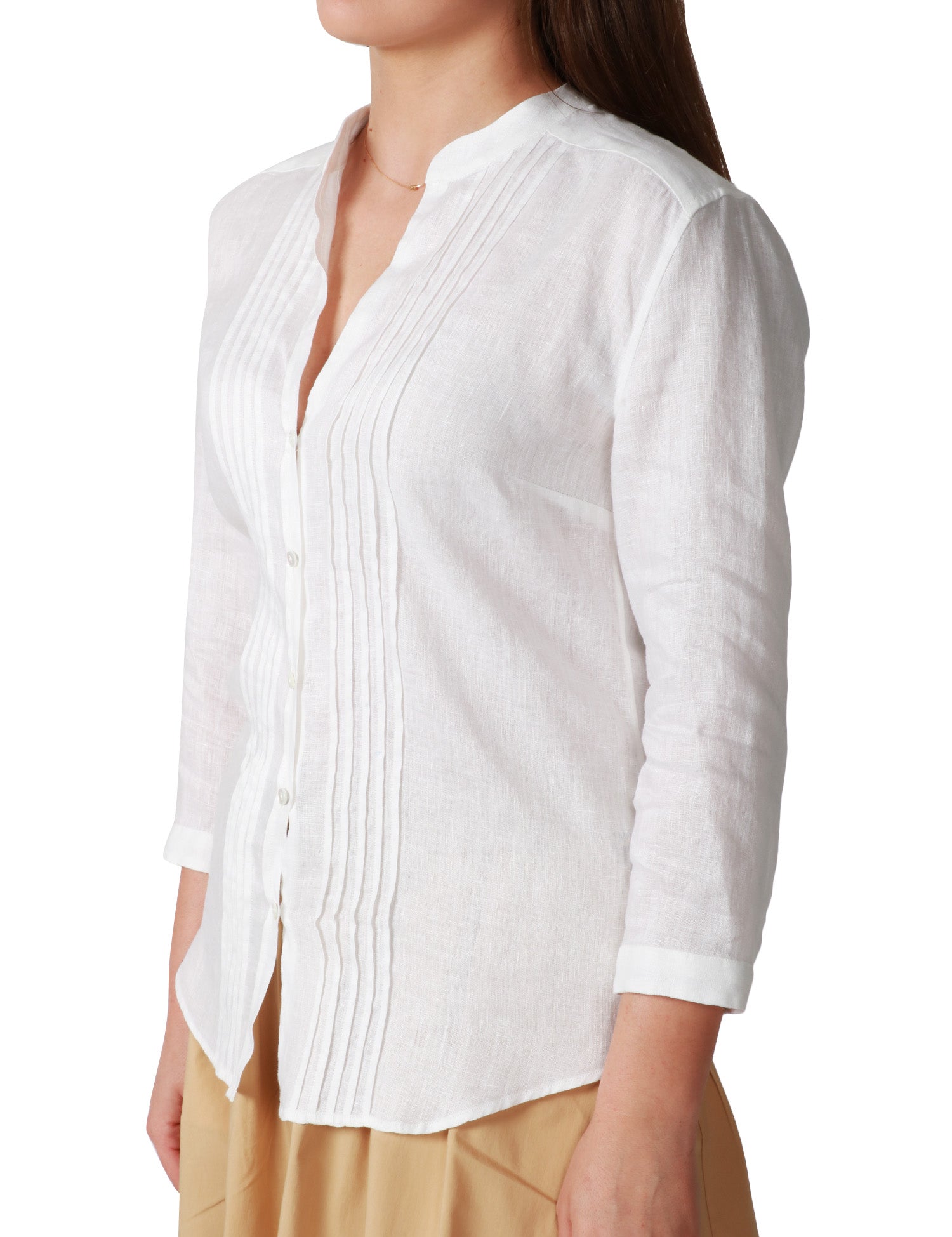 CAMICIA DONNA XACUS DARIA BIANCA IN LINO CON COLLO ALLA COREANA E INSERTO PISSETTATO SUL DAVANTI