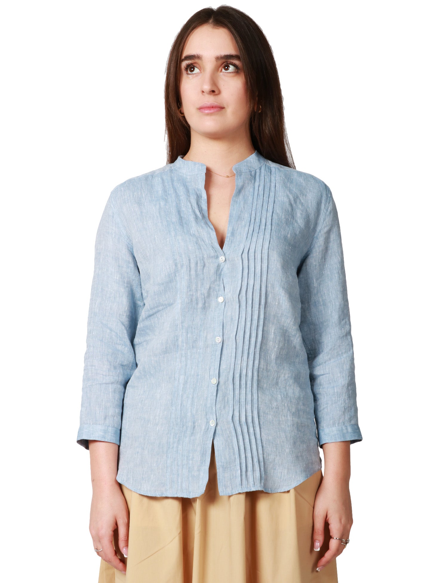 CAMICIA DONNA XACUS DARIA CELESTE DENIM IN LINO CON COLLO ALLA COREANA E INSERTO PLISSETTATO SUL DAVANTI