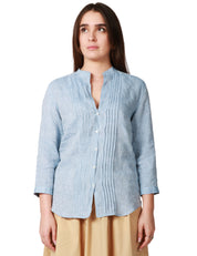 CAMICIA DONNA XACUS DARIA CELESTE DENIM IN LINO CON COLLO ALLA COREANA E INSERTO PLISSETTATO SUL DAVANTI