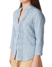 CAMICIA DONNA XACUS DARIA CELESTE DENIM IN LINO CON COLLO ALLA COREANA E INSERTO PLISSETTATO SUL DAVANTI