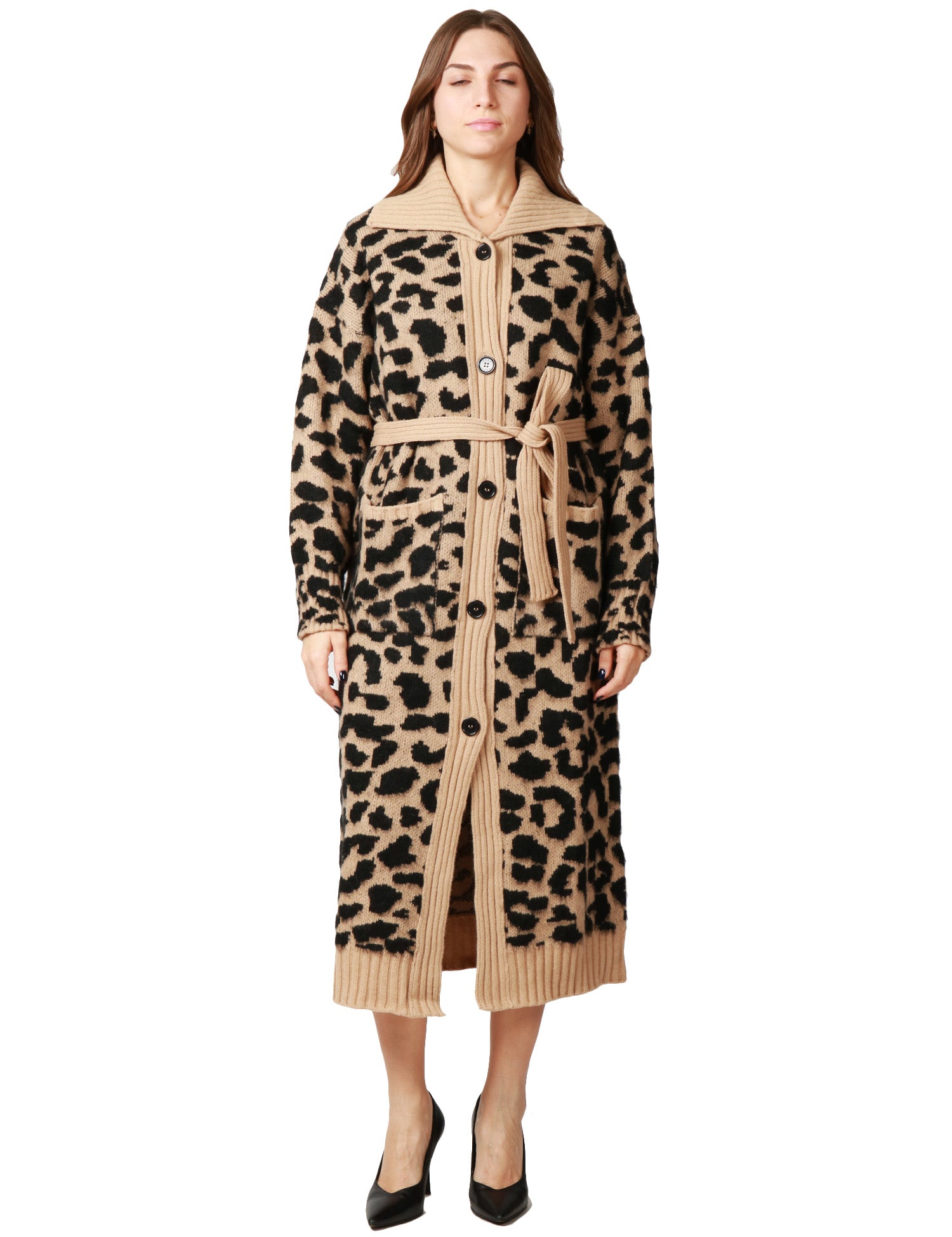 CARDIGAN DONNA AKEP MACULATO IN MAGLIA CON BOTTONI E CINTURA IN VITA