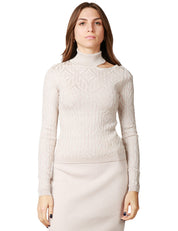 MAGLIA LUPETTO DONNA AKEP ECRù A COSTINE CON COLLO ALTO E APERTURA SU UN LATO