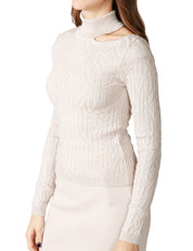 MAGLIA LUPETTO DONNA AKEP ECRù A COSTINE CON COLLO ALTO E APERTURA SU UN LATO