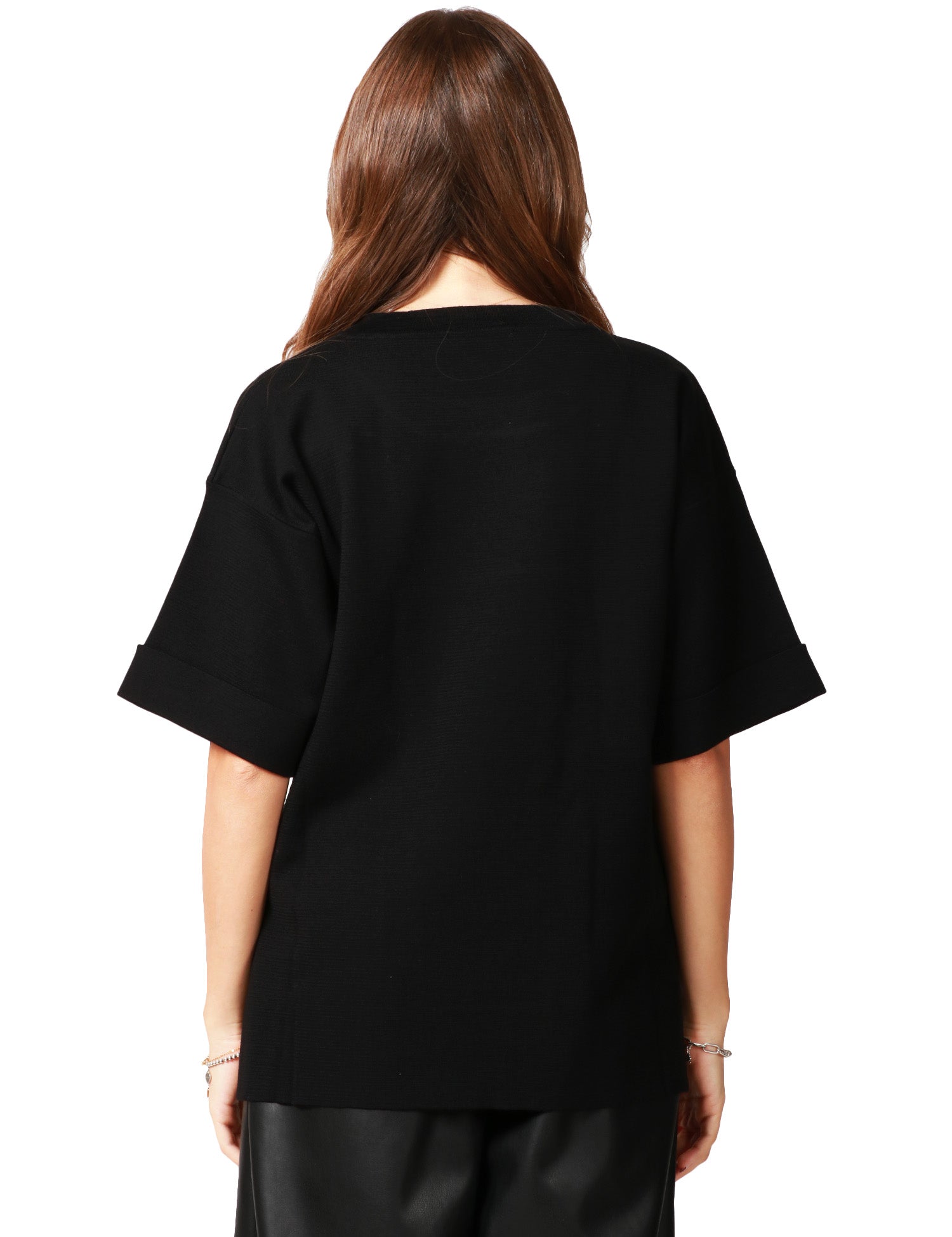 MAGLIA DONNA ALPHA STUDIO NERA OVER A MEZZA MANICA CON DETTAGLIO GIOIELLO SUL PETTO