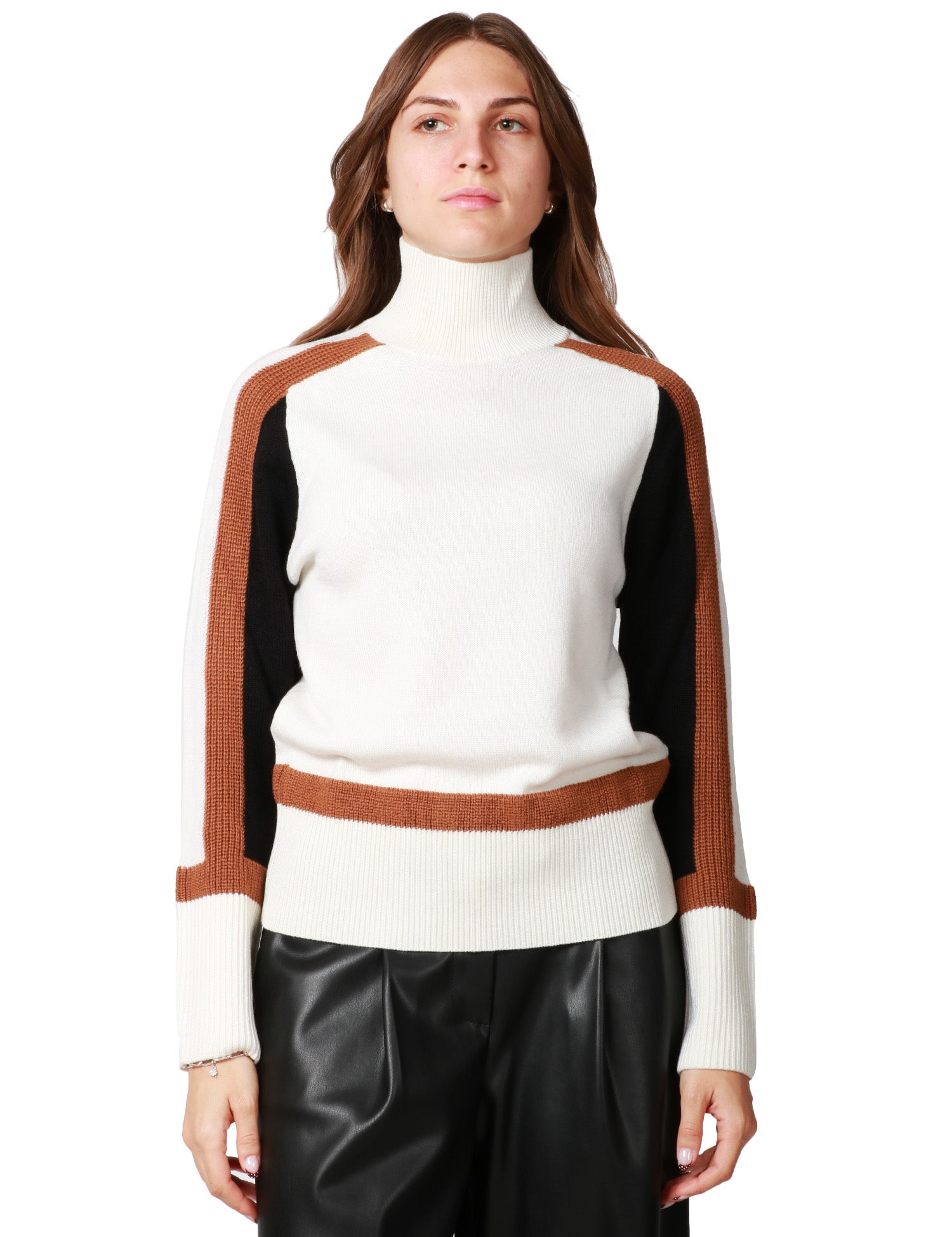 MAGLIA DONNA ALPHA STUDIO LATTE A COLLO ALTO CON DETTAGLI A CONTRASTO