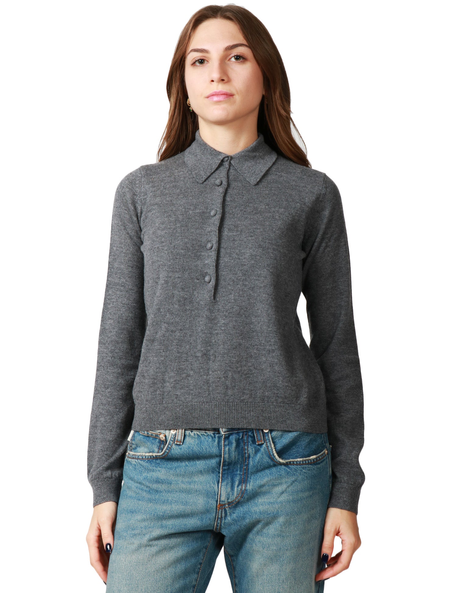 MAGLIA POLO DONNA ALPHA STUDIO GRIGIO SCURO A MANICA LUNGA CON 5 BOTTONI IN TONO 100% LANA GEELONG