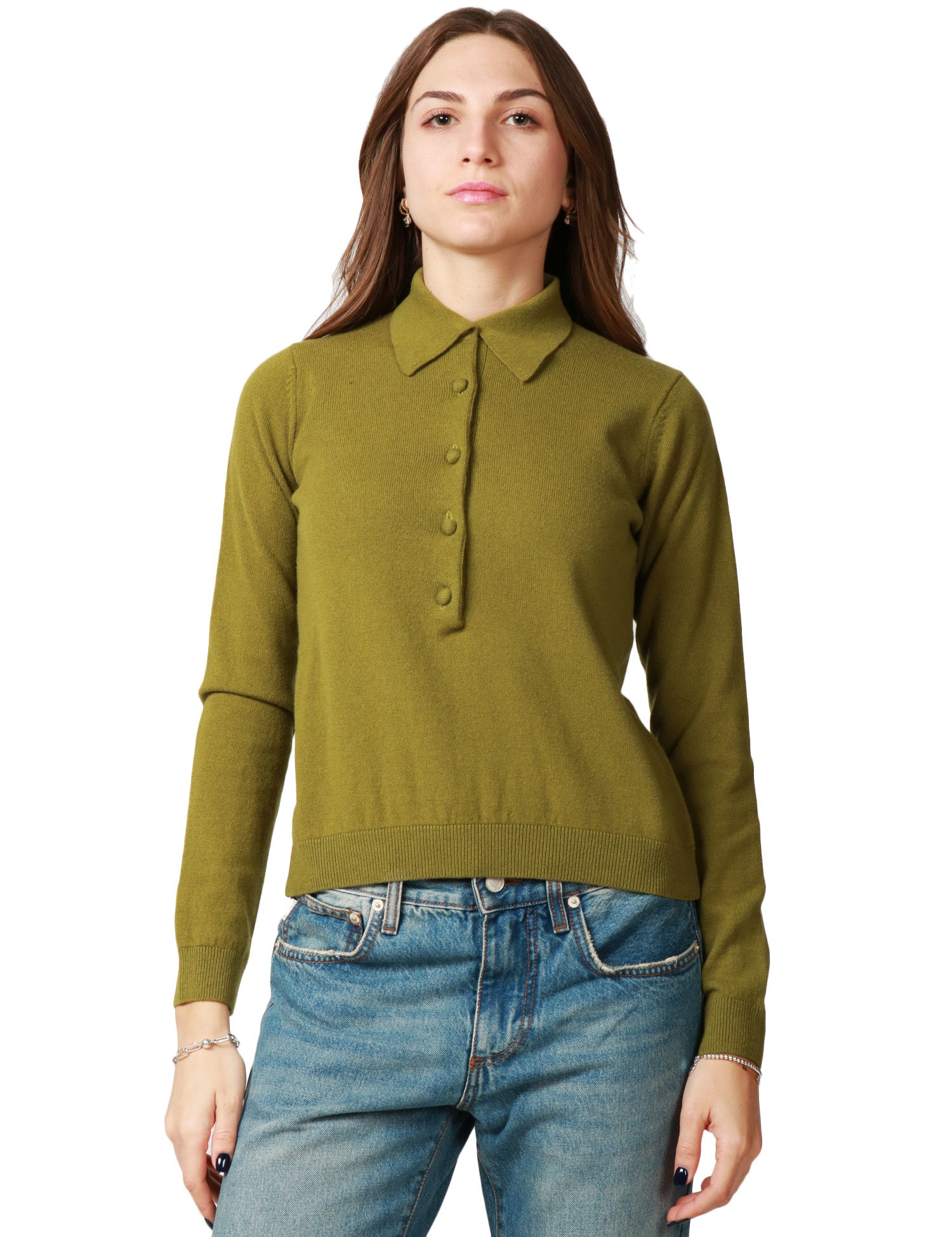 MAGLIA POLO DONNA ALPHA STUDIO PISTACCHIO A MANICA LUNGA CON BOTTONI IN TONO 100% LANA GEELONG