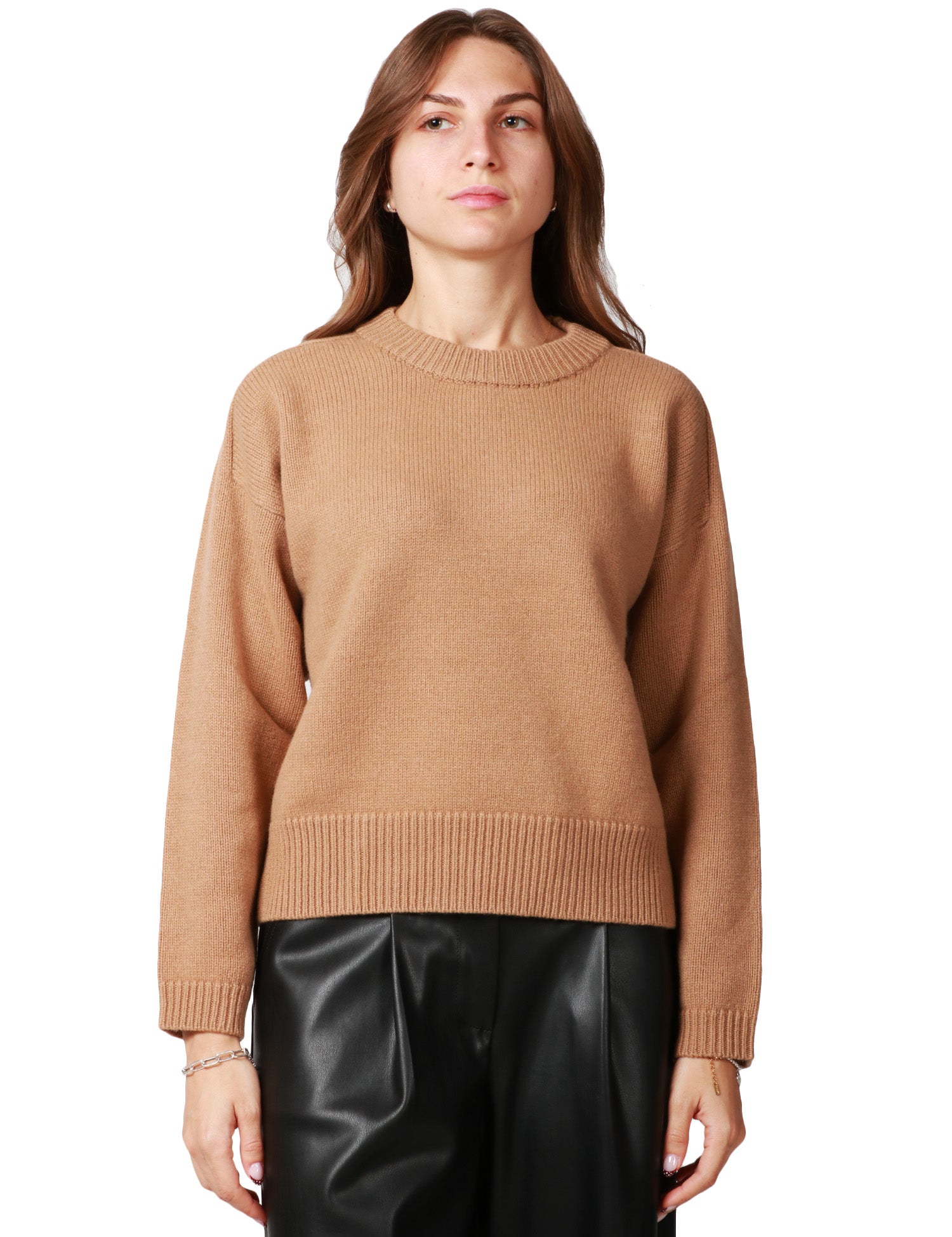 MAGLIA DONNA ALPHA STUDIO CAMMELLO GIROCOLLO BOXY IN LANA GEELONG EXTRAFINE