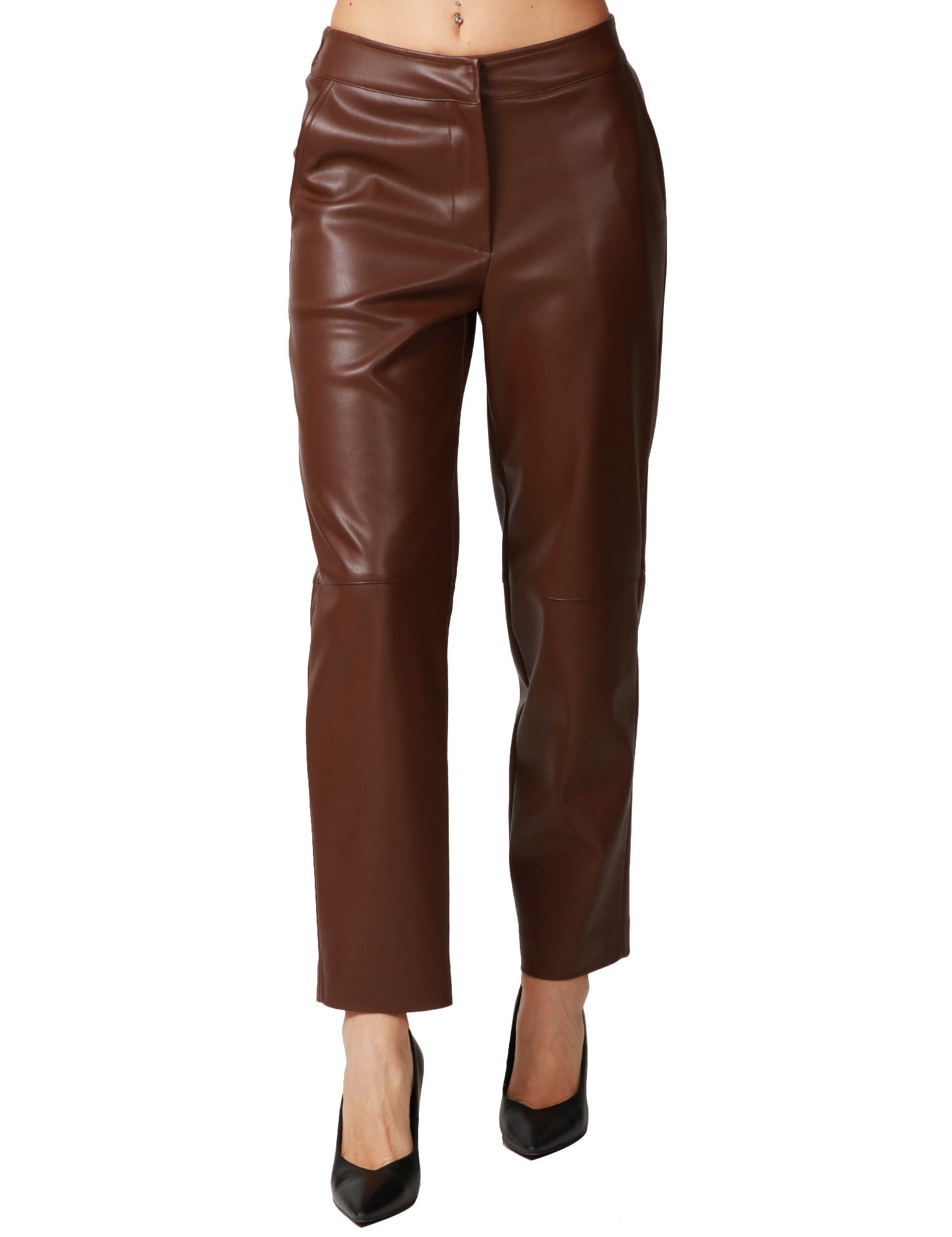 PANTALONE DONNA ALPHA STUDIO MORO IN ECOPELLE A GAMBA DRITTA CON ELASTICO ARRICCIATO DIETRO
