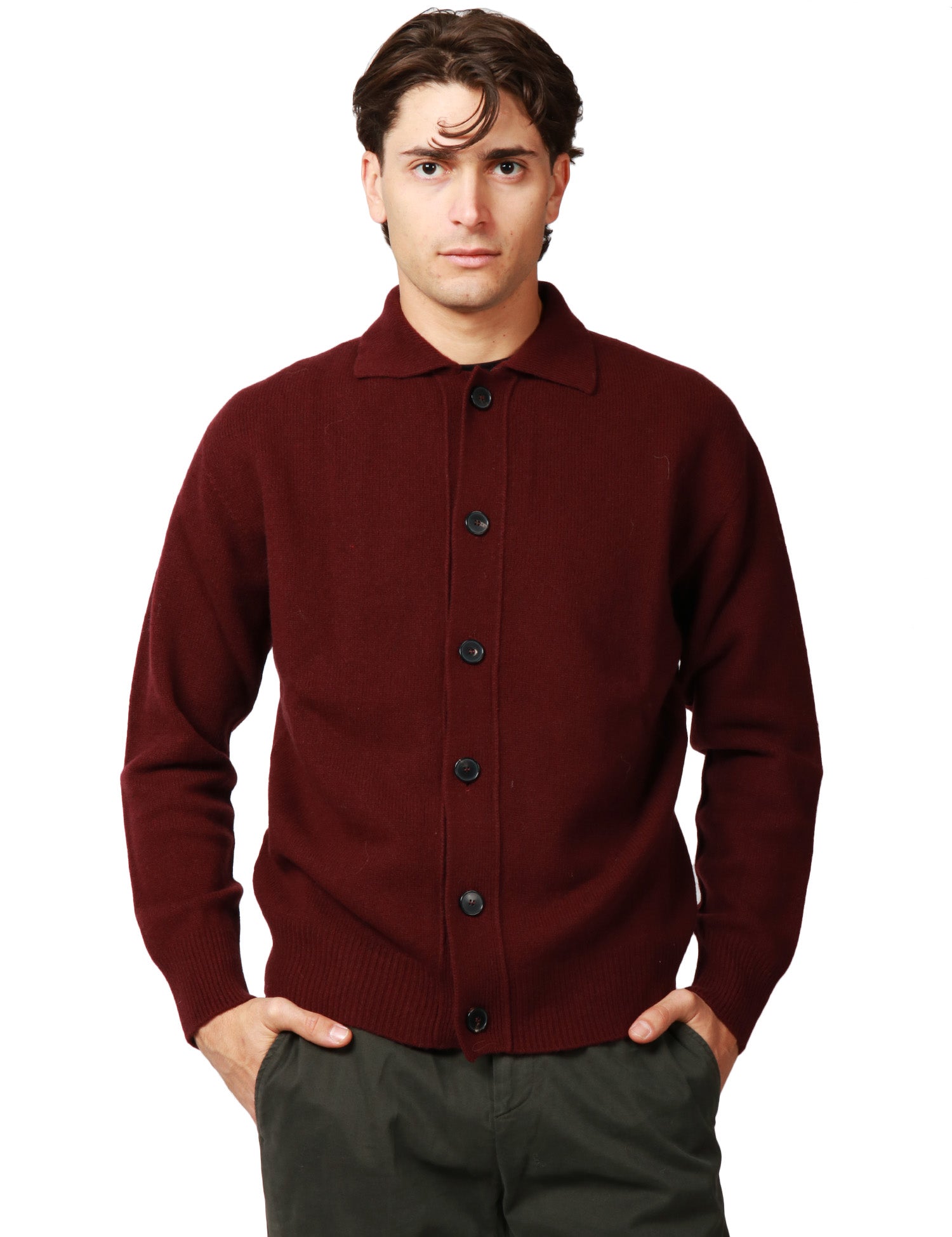 CARDIGAN UOMO AMARANTO MELANZANA CON COLLETTO E ABBOTTONATURA CENTRALE