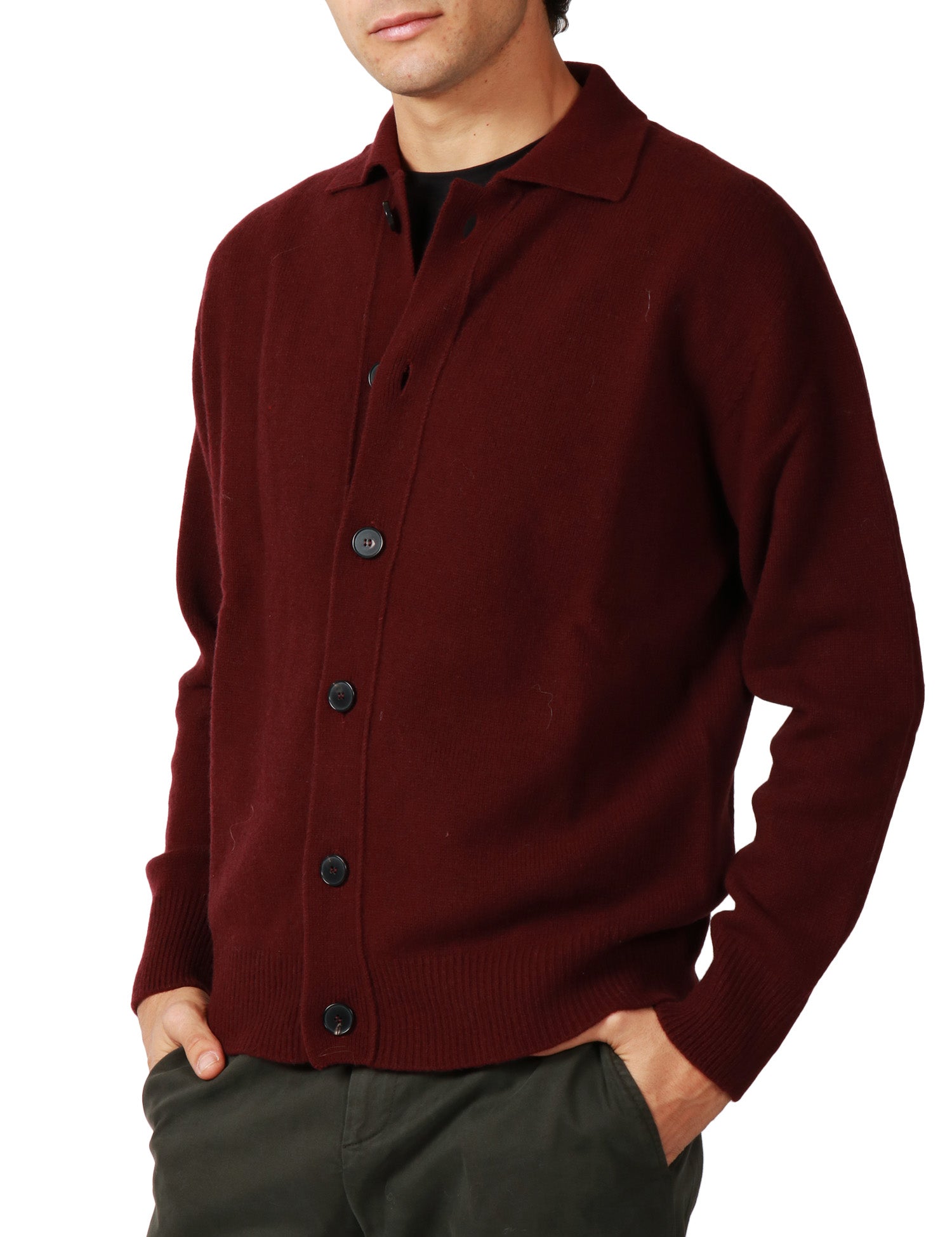 CARDIGAN UOMO AMARANTO MELANZANA CON COLLETTO E ABBOTTONATURA CENTRALE