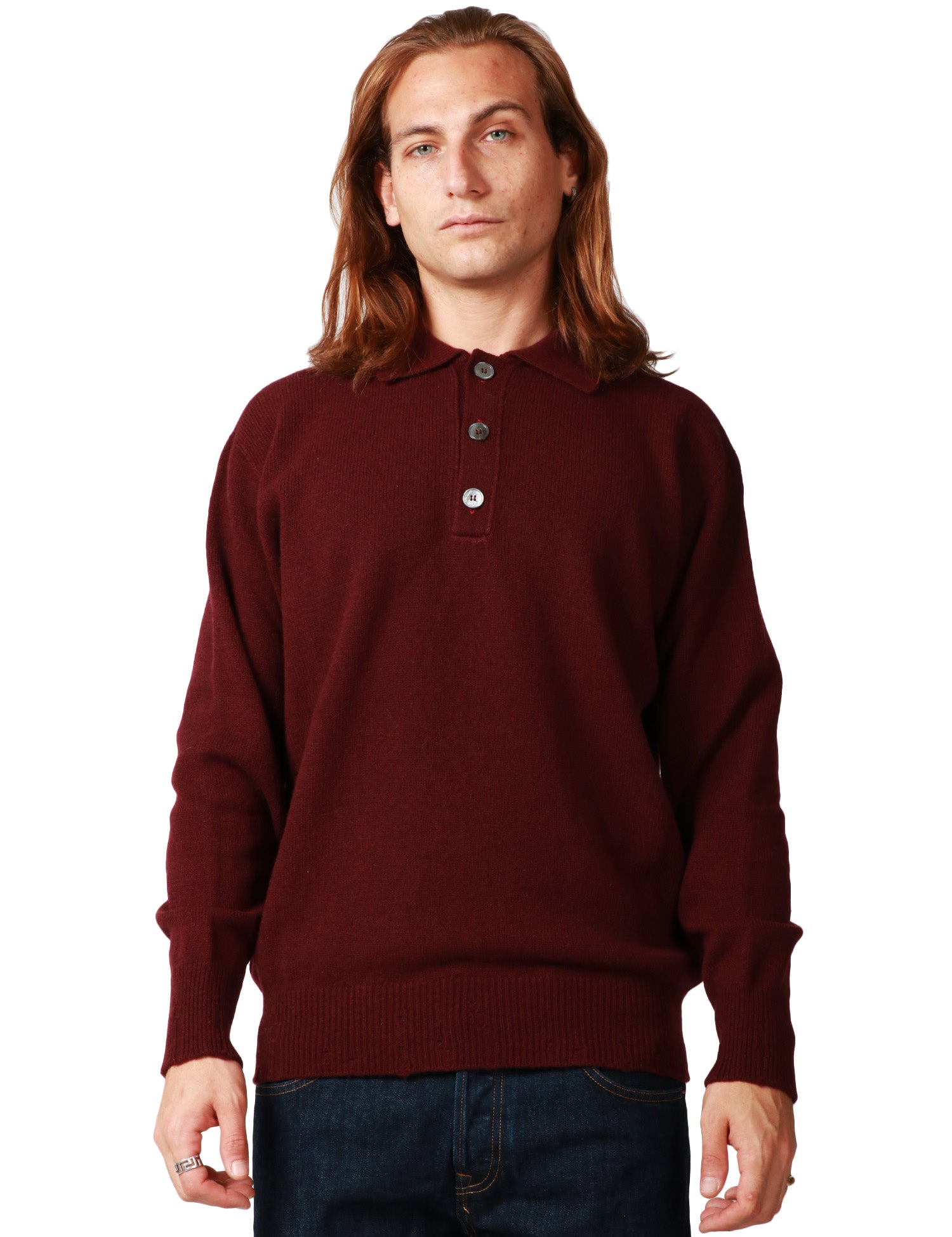 MAGLIA POLO UOMO AMARANTO MELANZANA IN LANA CON TRE BOTTONI E ROTTURE SUI FONDI
