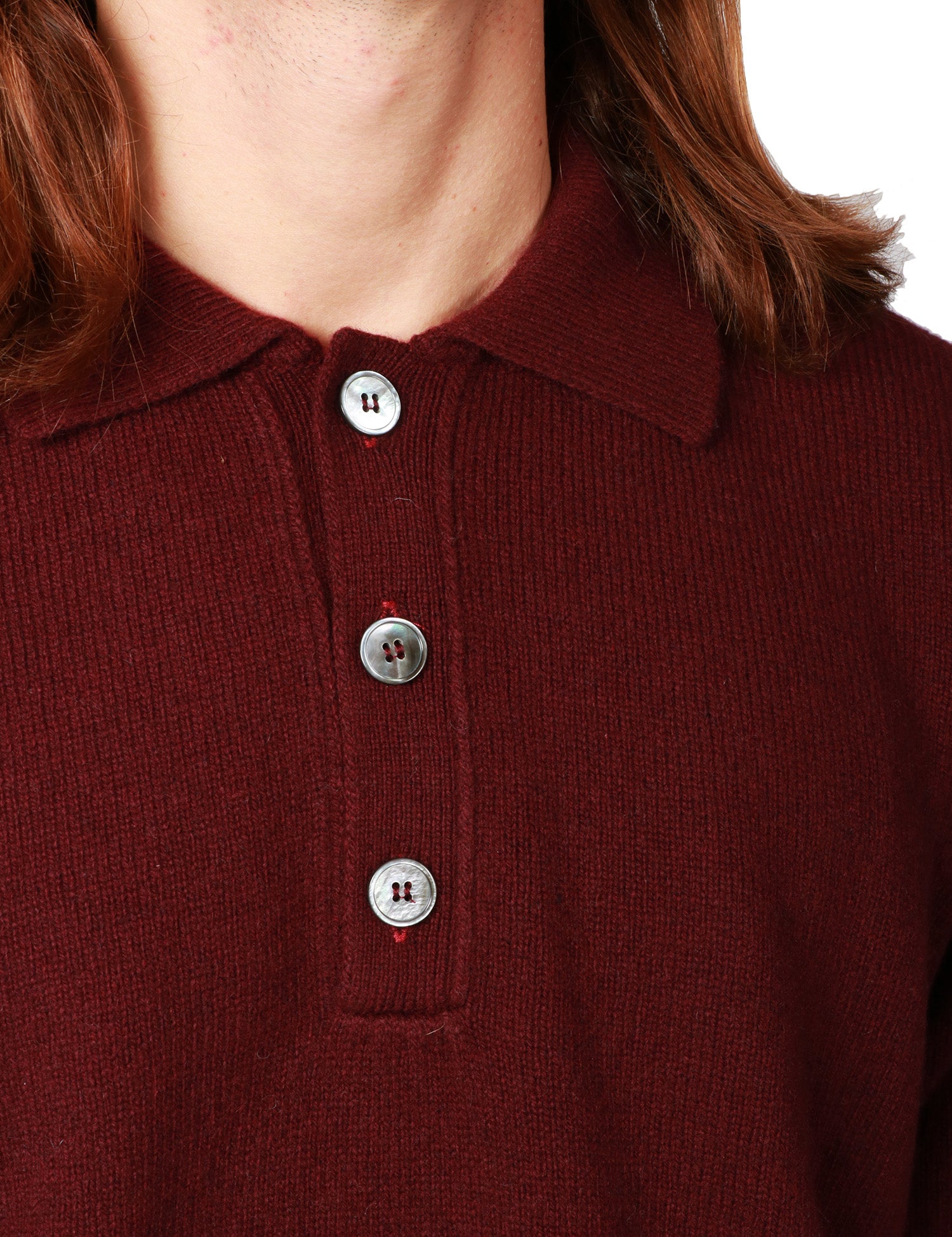 MAGLIA POLO UOMO AMARANTO MELANZANA IN LANA CON TRE BOTTONI E ROTTURE SUI FONDI