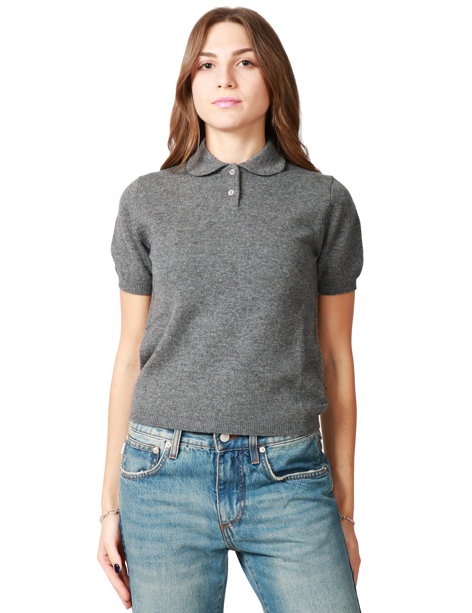 MAGLIA POLO DONNA ANNA MOLINARI GRIGIO MEDIO A MEZZA MANICA IN MISTO LANA E CASHMERE
