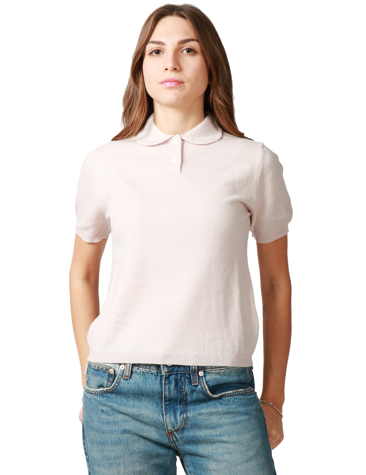 MAGLIA POLO DONNA ANNA MOLINARI GESSO A MEZZA MANICA IN MISTO LANA E CASHMERE