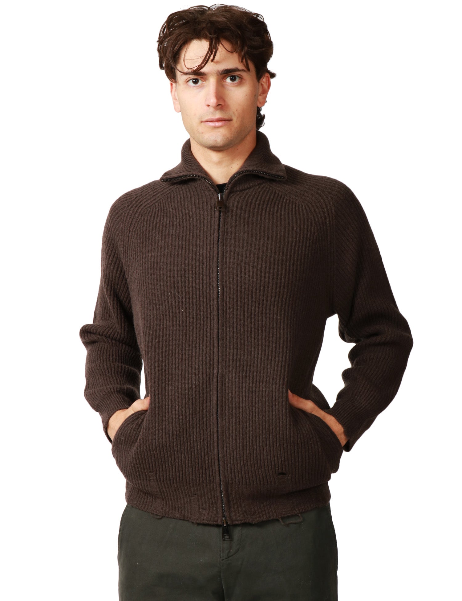 MAGLIA CAMICIA UOMO ATOMOFACTORY MORO CON COLLO ALTO E ZIP CENTRALE IN LANA E CASHMERE A COSTA INGLESE