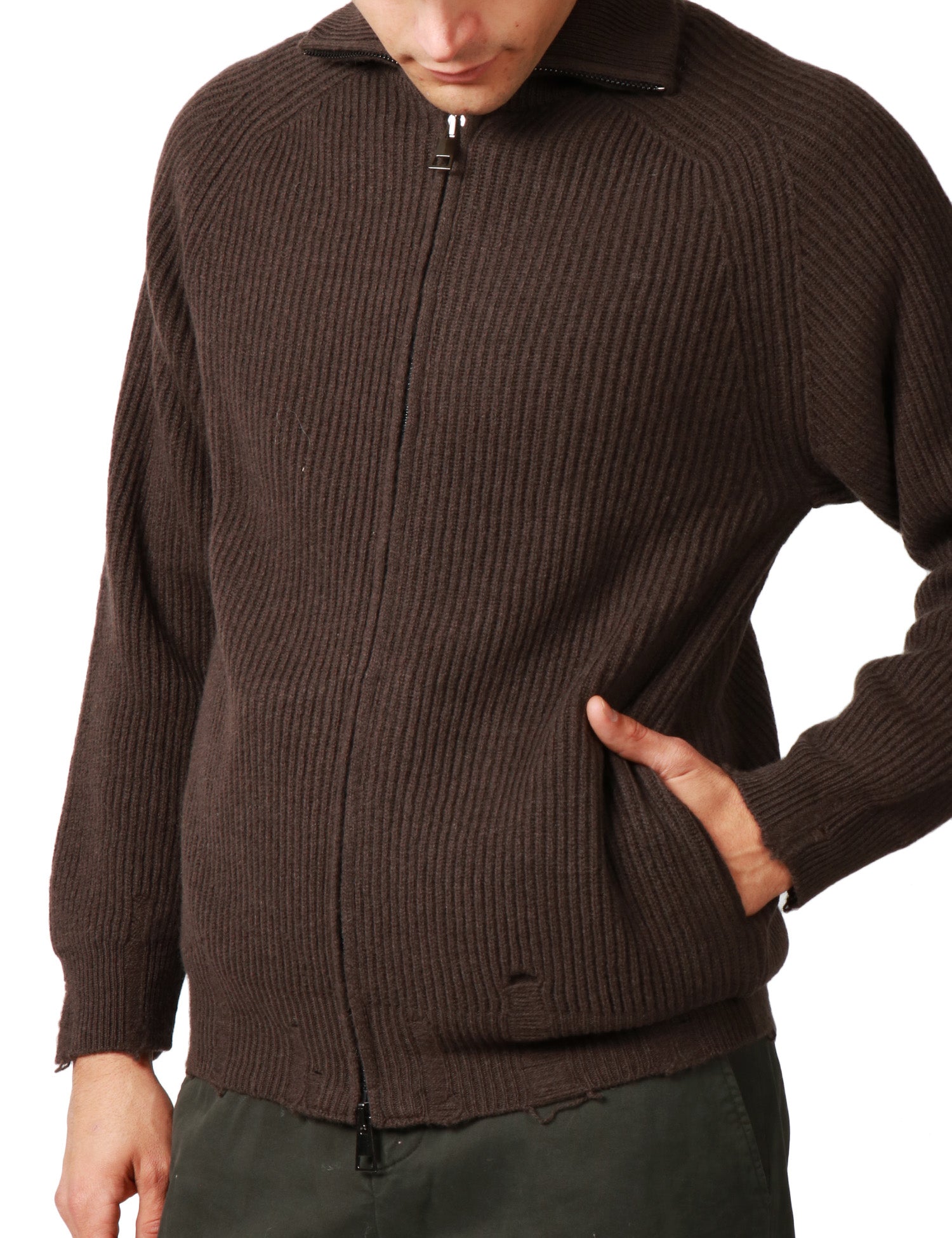 MAGLIA CAMICIA UOMO ATOMOFACTORY MORO CON COLLO ALTO E ZIP CENTRALE IN LANA E CASHMERE A COSTA INGLESE
