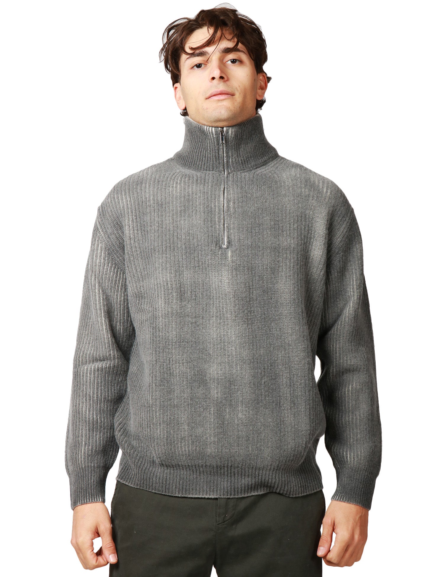 MAGLIONE UOMO ATOMOFACTORY NERO CON EFFETTO SBIADITO COLLO ALTO E ZIP IN MISTO LANA