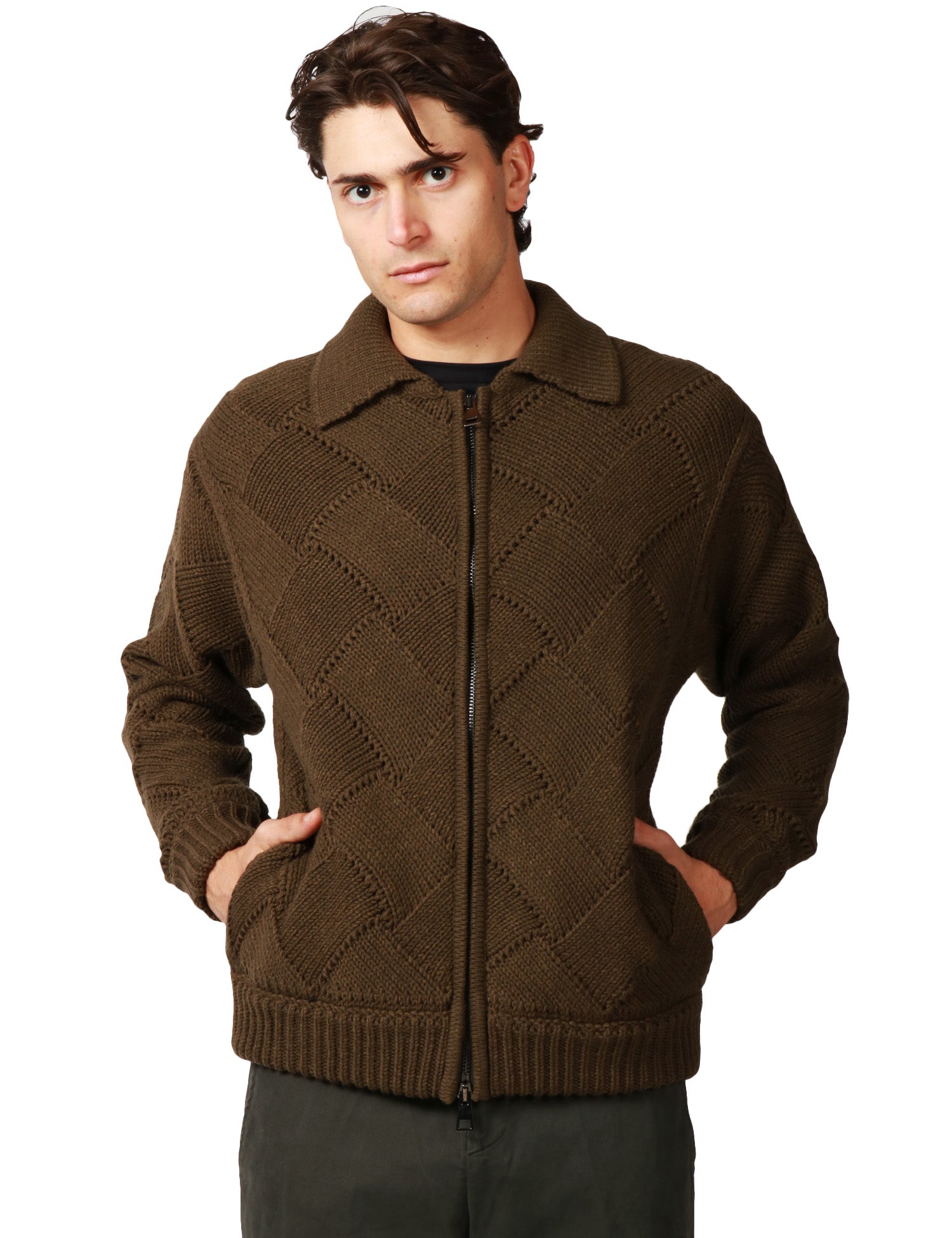 GIACCA UOMO ATOMOFACTORY MILITARE CON TRAMA A ROMBI E ZIP CENTRALE IN MISTO LANA VERGINE