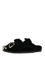 CIABATTA DONNA BIRKENSTOCK BOSTON BIG BUCKLE NERA PIPING RIVET CON TOMAIA IN VELLUTO E PLANTARE IN SUGHERO E LATTICE