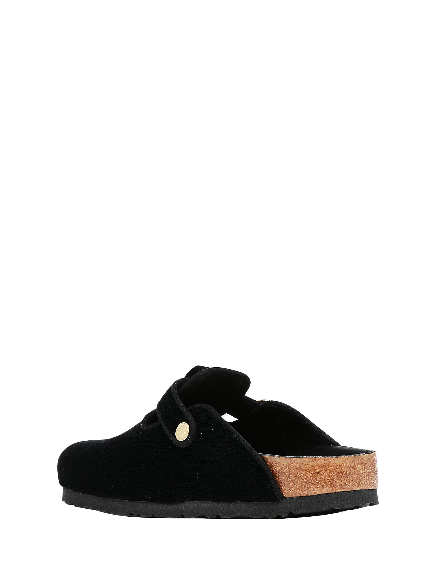 CIABATTA DONNA BIRKENSTOCK BOSTON BIG BUCKLE NERA PIPING RIVET CON TOMAIA IN VELLUTO E PLANTARE IN SUGHERO E LATTICE