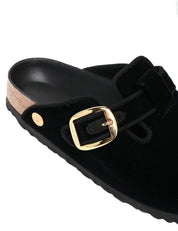 CIABATTA DONNA BIRKENSTOCK BOSTON BIG BUCKLE NERA PIPING RIVET CON TOMAIA IN VELLUTO E PLANTARE IN SUGHERO E LATTICE