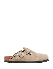 CIABATTA DONNA BIRKENSTOCK BOSTON RIVETS TAUPE IN PELLE SCAMOSCIATA CON MINI BORCHIE