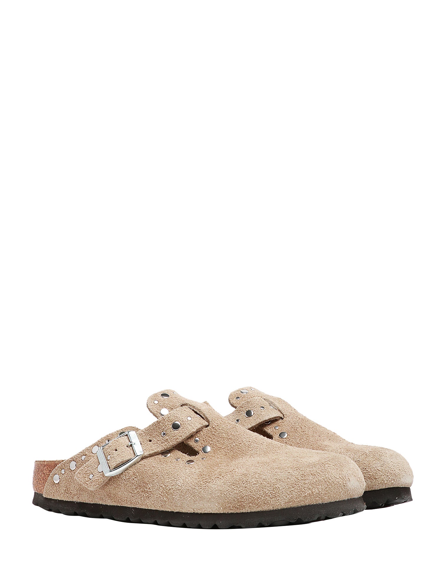 CIABATTA DONNA BIRKENSTOCK BOSTON RIVETS TAUPE IN PELLE SCAMOSCIATA CON MINI BORCHIE