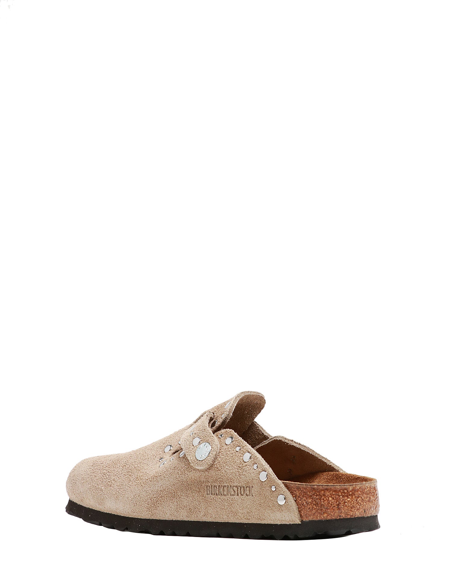 CIABATTA DONNA BIRKENSTOCK BOSTON RIVETS TAUPE IN PELLE SCAMOSCIATA CON MINI BORCHIE