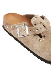 CIABATTA DONNA BIRKENSTOCK BOSTON RIVETS TAUPE IN PELLE SCAMOSCIATA CON MINI BORCHIE