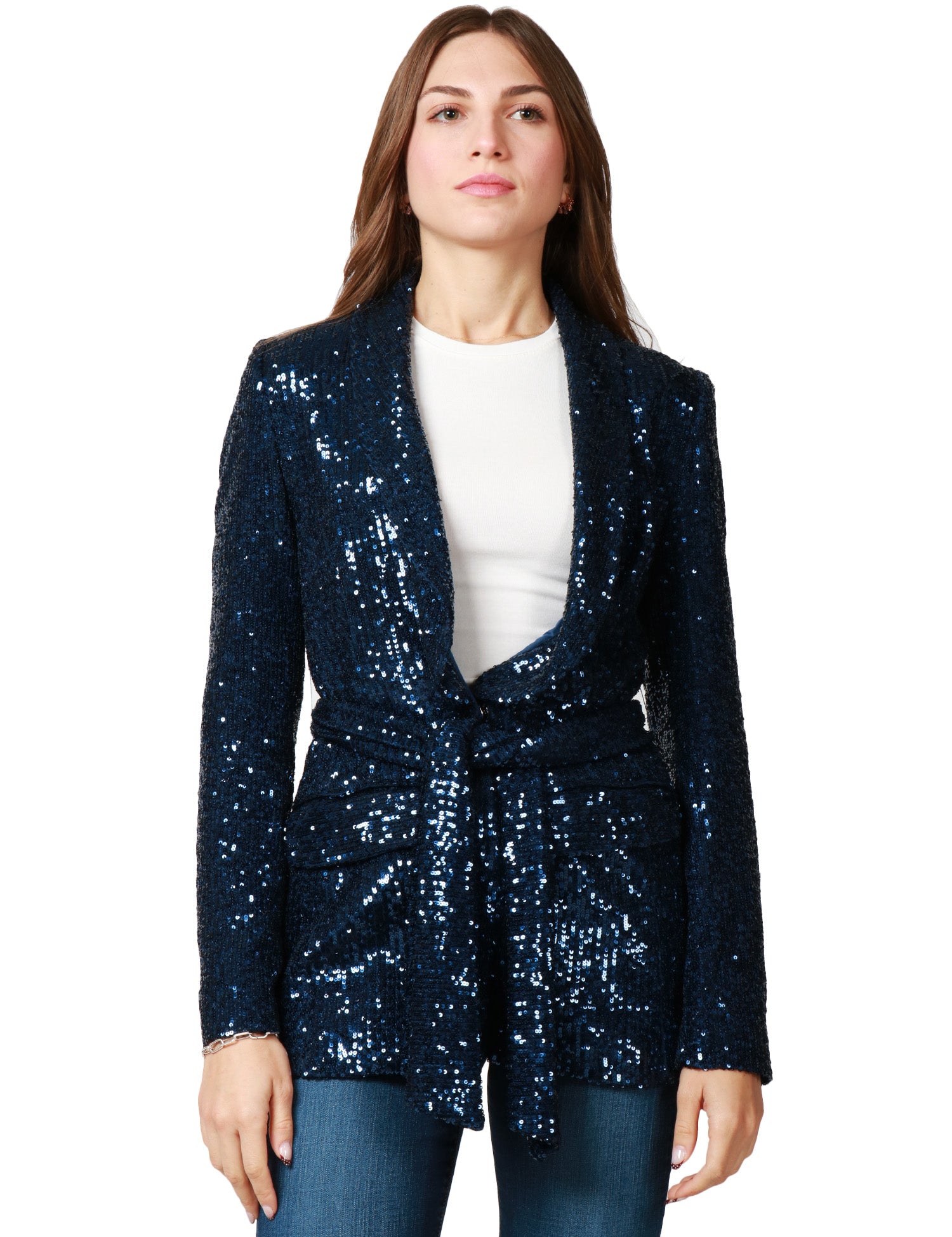 GIACCA DONNA CAROL RUIZ BLU NOTTE CON PAILLETTES ALL OVER E CINTURA IN VITA