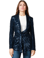 GIACCA DONNA CAROL RUIZ BLU NOTTE CON PAILLETTES ALL OVER E CINTURA IN VITA