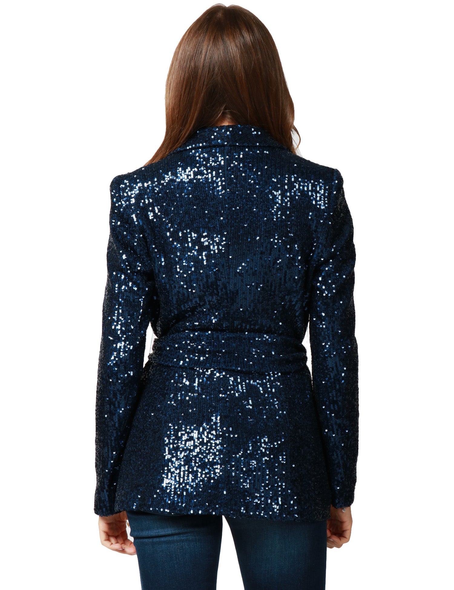 GIACCA DONNA CAROL RUIZ BLU NOTTE CON PAILLETTES ALL OVER E CINTURA IN VITA