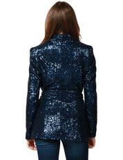 GIACCA DONNA CAROL RUIZ BLU NOTTE CON PAILLETTES ALL OVER E CINTURA IN VITA