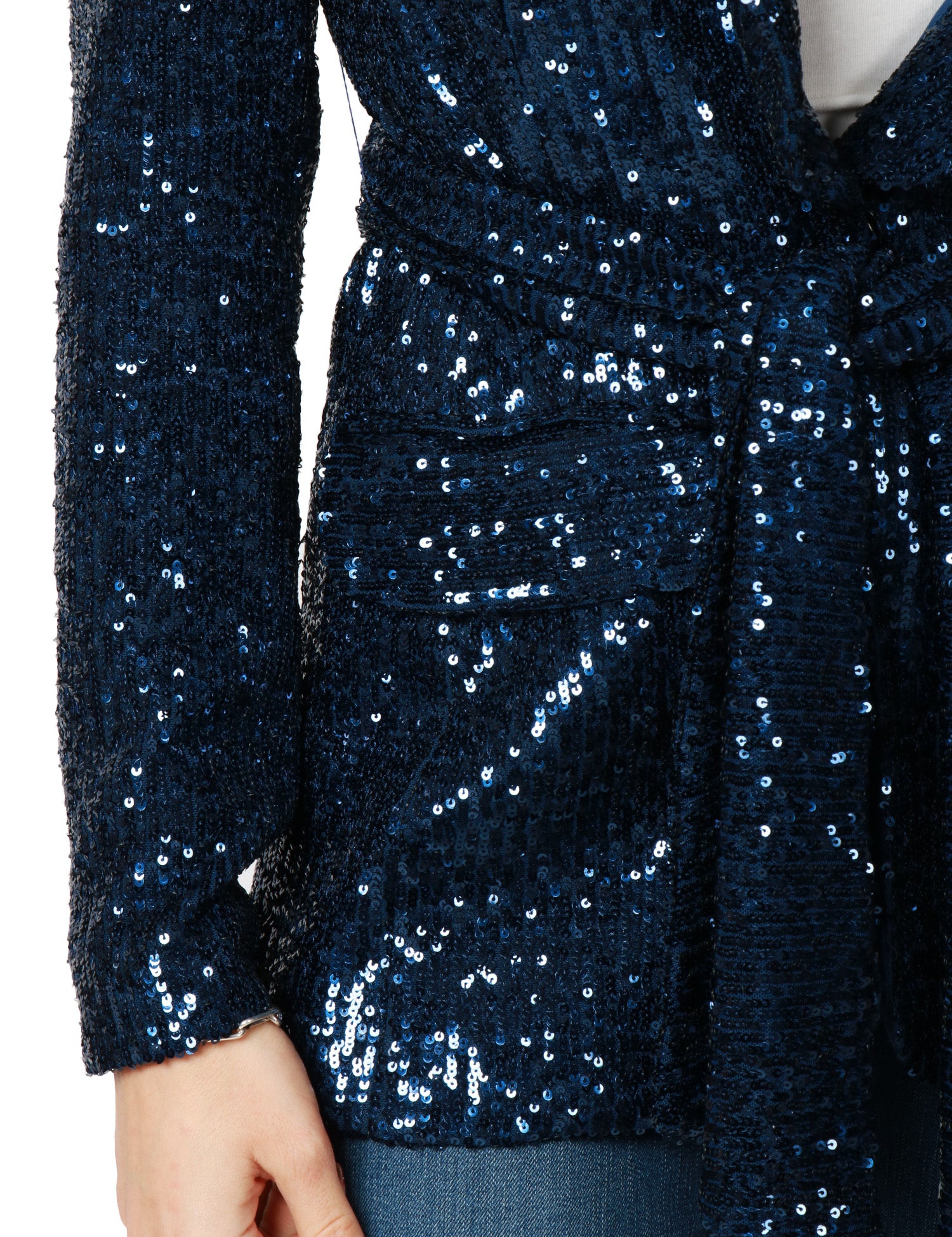 GIACCA DONNA CAROL RUIZ BLU NOTTE CON PAILLETTES ALL OVER E CINTURA IN VITA